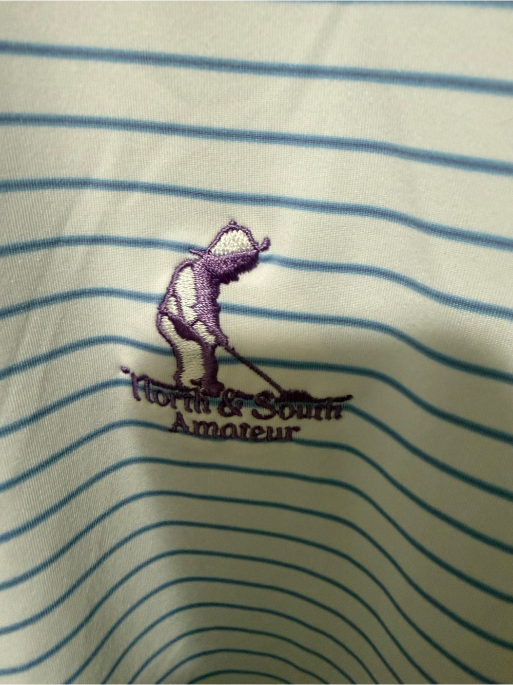 Peter Millar Men’s Light Blue Striped Polo Shirt North and South Pinehurst Logo - Picture 3 of 5